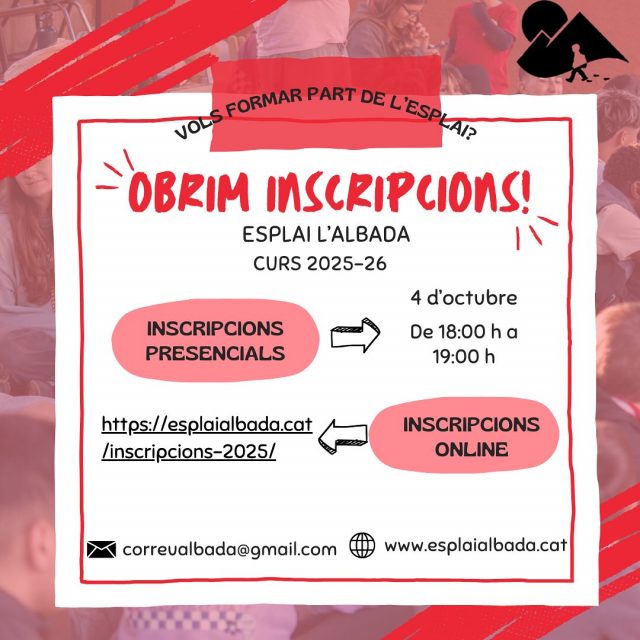 Després d’un estiu ple d’aventures ja estem a punt per començar un nou curs a l’esplai!🎉

Obrim inscripcions pel curs 2025-26. ❤️🤍

Per inscriure als vostres infants ho haureu de fer entrant a la pàgina web de l’esplai (www.esplaialbada.cat) i seguir els diferents passos que s’hi menciona.

Qualsevol cosa no dubteu en posar-vos en contacte amb l’equip de monitores o a través del correu de l’esplai (correualbada@gmail.com).📩

El curs començarà l’11 d’octubre.

Nosaltres en tenim moltes ganes! I vosaltres?😬

Ens veiem aviat!