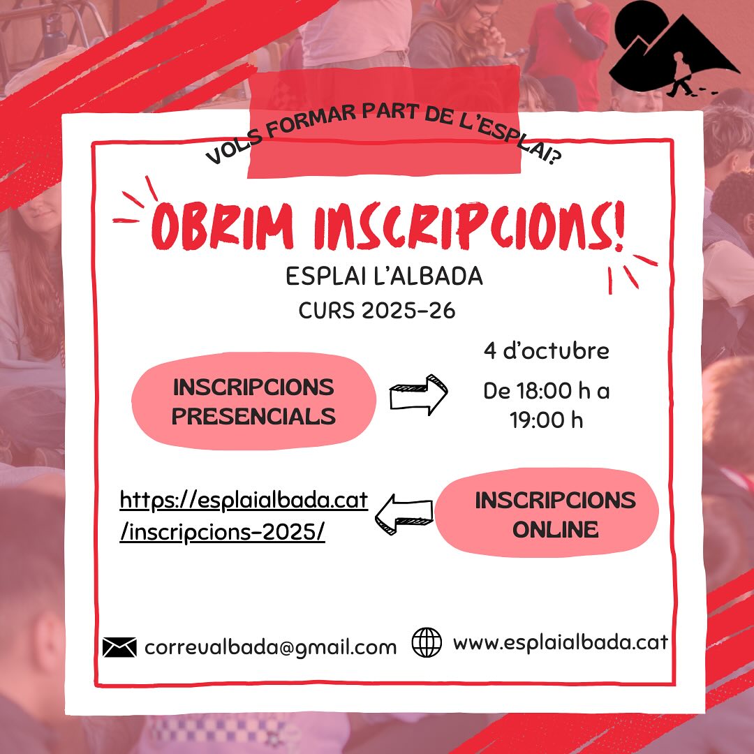Després d’un estiu ple d’aventures ja estem a punt per començar un nou curs a l’esplai!🎉

Obrim inscripcions pel curs 2025-26. ❤️🤍

Per inscriure als vostres infants ho haureu de fer entrant a la pàgina web de l’esplai (www.esplaialbada.cat) i seguir els diferents passos que s’hi menciona.

Qualsevol cosa no dubteu en posar-vos en contacte amb l’equip de monitores o a través del correu de l’esplai (correualbada@gmail.com).📩

El curs començarà l’11 d’octubre.

Nosaltres en tenim moltes ganes! I vosaltres?😬

Ens veiem aviat!