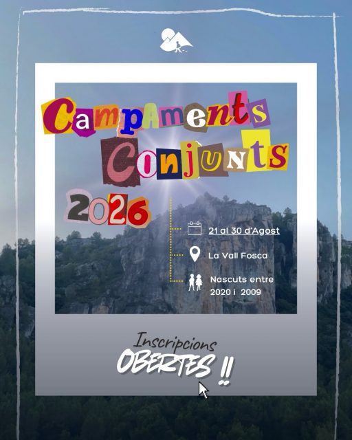 Per aquí ja en tenim moltíssimes ganes i per això… OBRIM INSCRIPCIONS pels Campaments d’Estiu Conjunts 2026!⛺️❤️🤍

Ja les podeu fer a través de la nostra pàgina web, on hi trobareu el formulari: https://gesplai.org/FormularisOnLine/FormulariInscripcio1.aspx?id=3096&tk=4FF4B1E24A

📆 TENIU FINS EL 31 DE JULIOL !!
Us recomanem fer-ho al més aviat possible!

Més endavant us acabarem de facilitar tota la informació que falta i els passos per completar definitivament les inscripcions dels campaments.

Si teniu qualsevol dubte o necessiteu més informació, no dubteu a contactar amb nosaltres😊

Animeu-vos, que aquest estiu promet molt!⛰️✨